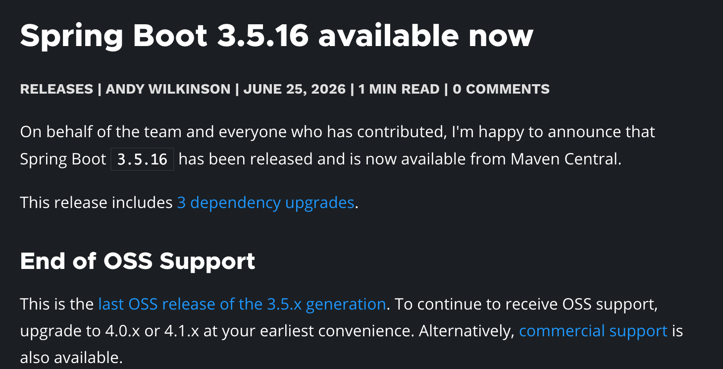 Spring Boot 3.5.16 릴리스 공지의 End of OSS Support 단락